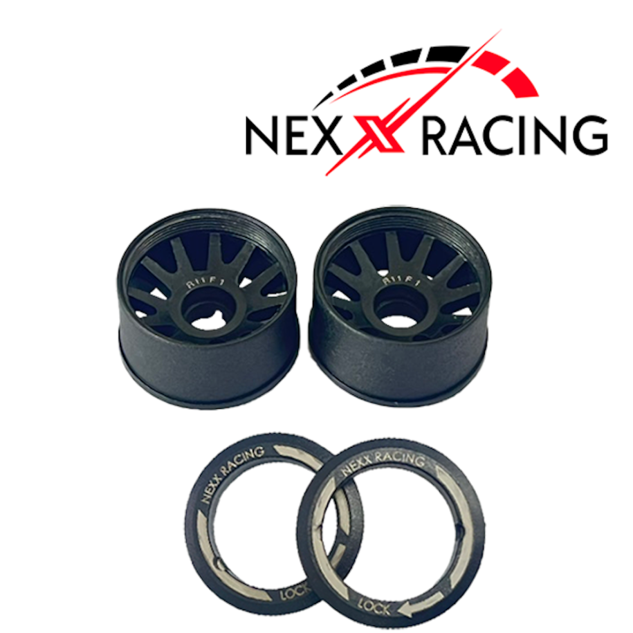 NXUSA-EVO-R+0 14 mm Nexx Racing “JUD” threaded carbon-fiber reinforced EVO Flanged Rear Wheels for Mini-Z